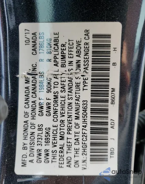 2018 Honda Civic Ex z USA, uszkodzony, nr VIN 2HGFC2F74JH504633